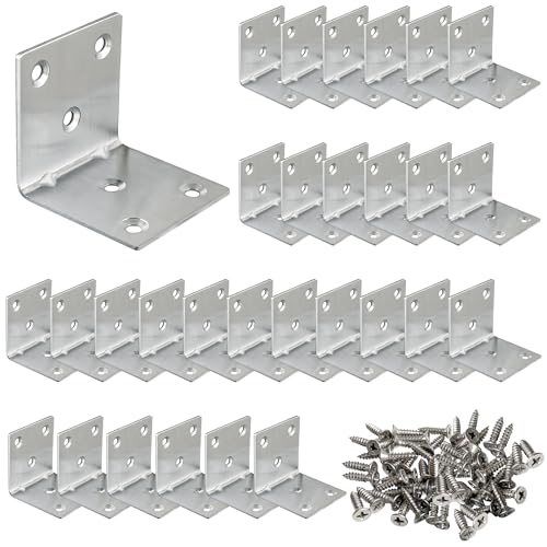 30 Pack Angle Brackets, 2" x 2" Silver Heavy Duty Stainless Steel Corner Brace, L Shaped Shelf Bracket 90 Degree Corner Bracket for Wood Furniture Cabinets Shelves - size: 2"x2"(silver)
