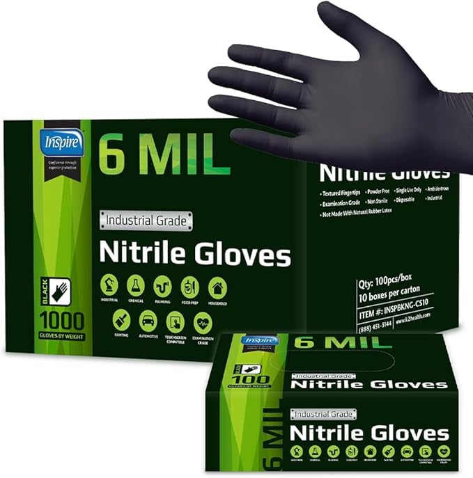Inspire Black Nitrile Gloves HEAVY DUTY 6 Mil Nitrile Chemical Resistant Medical Cooking Cleaning Disposable Black Gloves - size: Small, style: Black 6mil Case of 1000