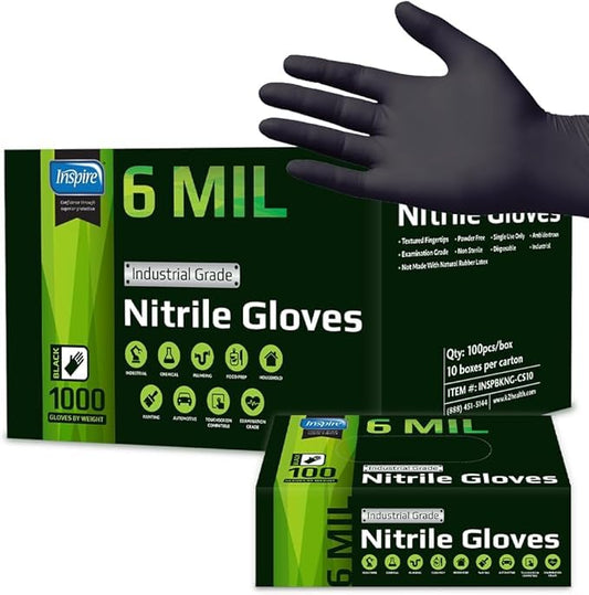 Inspire Black Nitrile Gloves HEAVY DUTY 6 Mil Nitrile Chemical Resistant Medical Cooking Cleaning Disposable Black Gloves - size: Small, style: Black 6mil Case of 1000