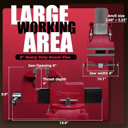 8" Heavy-Duty Bench Vise, 8" Jaw Width & Opening, 11,025 lbs Clamping Force, 60,000 PSI Ductile Iron Vise with 360° Swivel Base, Anvil & Pipe Jaws for Metalworking Industrial Use (RS80) - size: 8In