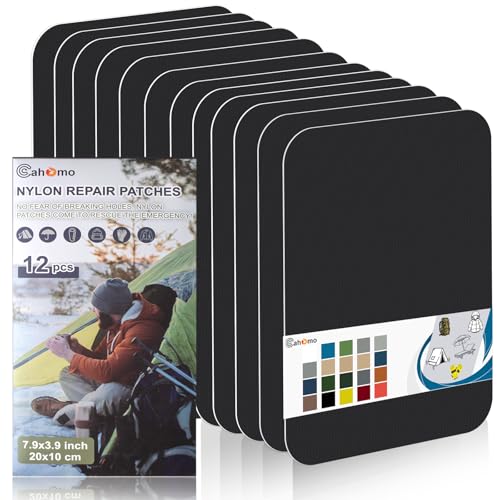 Cahomo 7.9x3.9 inch 12 PCS Nylon Repair Patch Nylon Repair Tape Self Adhesive Fabric Tapes Outdoor Camping Gear Fabric kit for Tent, Umbrella, Down Jackets, Sleeping Bag, Knapsack（Black） - color: Black, size: 7.9x3.9 inch