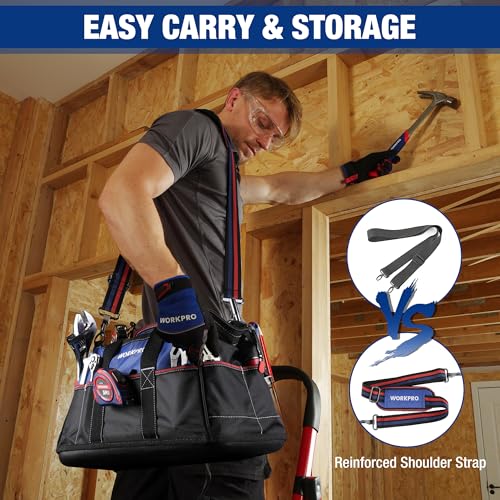 WORKPRO 16-inch Wide Mouth Tool Bag, Heavy Duty Cloth Tool Storage Bag with Water Proof Molded Base, Adjustable Shoulder Strap - color: Blue &Red