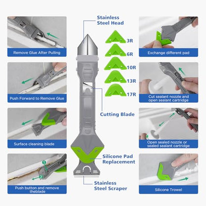 11pc Caulk Remover Tool,5 in 1 Silicone Caulking Tools,Grout Removal Stainless Steel Caulk Tool Kit with 5 Exchange Silicone Head, 4pc Glass Glue Angle Scraper,2pc blade for Kitchen,Bathroom