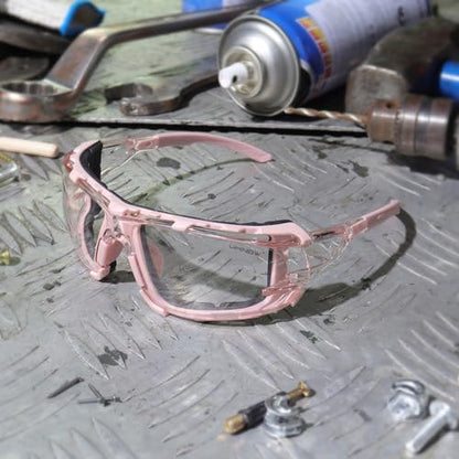 UKNOW Safety Glasses - Anti Fog Wraparound Lenses - Removable Foam Gasket - ANSI Z87.1 Protective Eyewear - Impact Resistant - color: Melon Pink With Light Tint