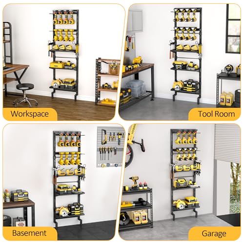 BUKFEN Garage Tool Storage Rack, Wall Mount 5-Tier Heavy Duty Metal Organizer with 8 Drill Holder Slots, Adjustable Shelves, Side Hooks Workshop Utility 1 Pack Black Vertical Space-Saving Organization