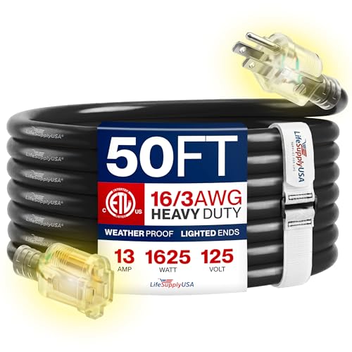50ft Outdoor/Indoor Extension Cord 16/3 Gauge Heavy Duty 3 Prong SJTW, Waterproof, ETL Listed, Flexible Cold-Resistant Long Power Cord,13A 125V 1625W, Black by LifeSupplyUSA - color: Black, size: 50 FT, style: 16 Gauge (LIGHT DUTY)