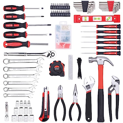 FASTPRO 236-Piece Home Repairing Tool Set, Mechanics Hand Tool Kit with 12-Inch Wide Mouth Open Storage Bag, Household Tool Set for DIY, Home Maintenance, Red - color: Red