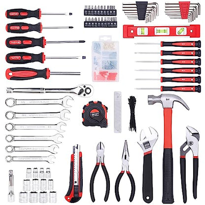 FASTPRO 236-Piece Home Repairing Tool Set, Mechanics Hand Tool Kit with 12-Inch Wide Mouth Open Storage Bag, Household Tool Set for DIY, Home Maintenance, Red - color: Red