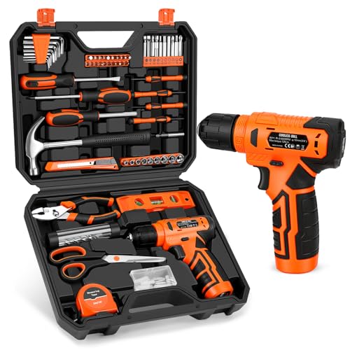 139-Piece Tool Set - Tool Kit with 8V Cordless Drill Driver in ToolBox Storage Case, General Household Drill Set for Home Repairs, Handyman, DIY Projects - color: Orange