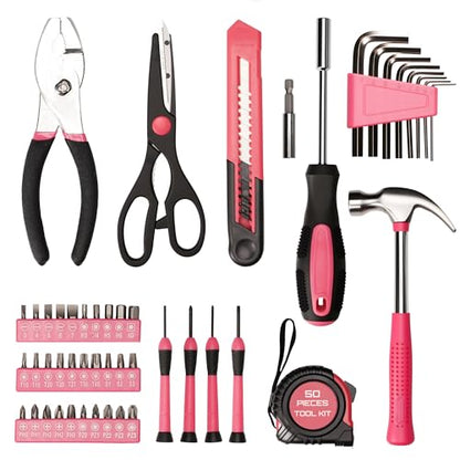 50-Piece Pink Tool Set for Women, Household Small Tool Set with Storage Toolbox for Home Repairs, Hand Tool Kit for College, Dorm, Office