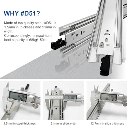 VADANIA 18" Heavy Duty Drawer Slide with Lock #D51, 150lb Load Capacity, 3-Fold Full Extension, Ball Bearing Lock-in & Lock-Out, Side Mount, 1-Pair - size: 18 Inch, style: #D51 (51mm wide)