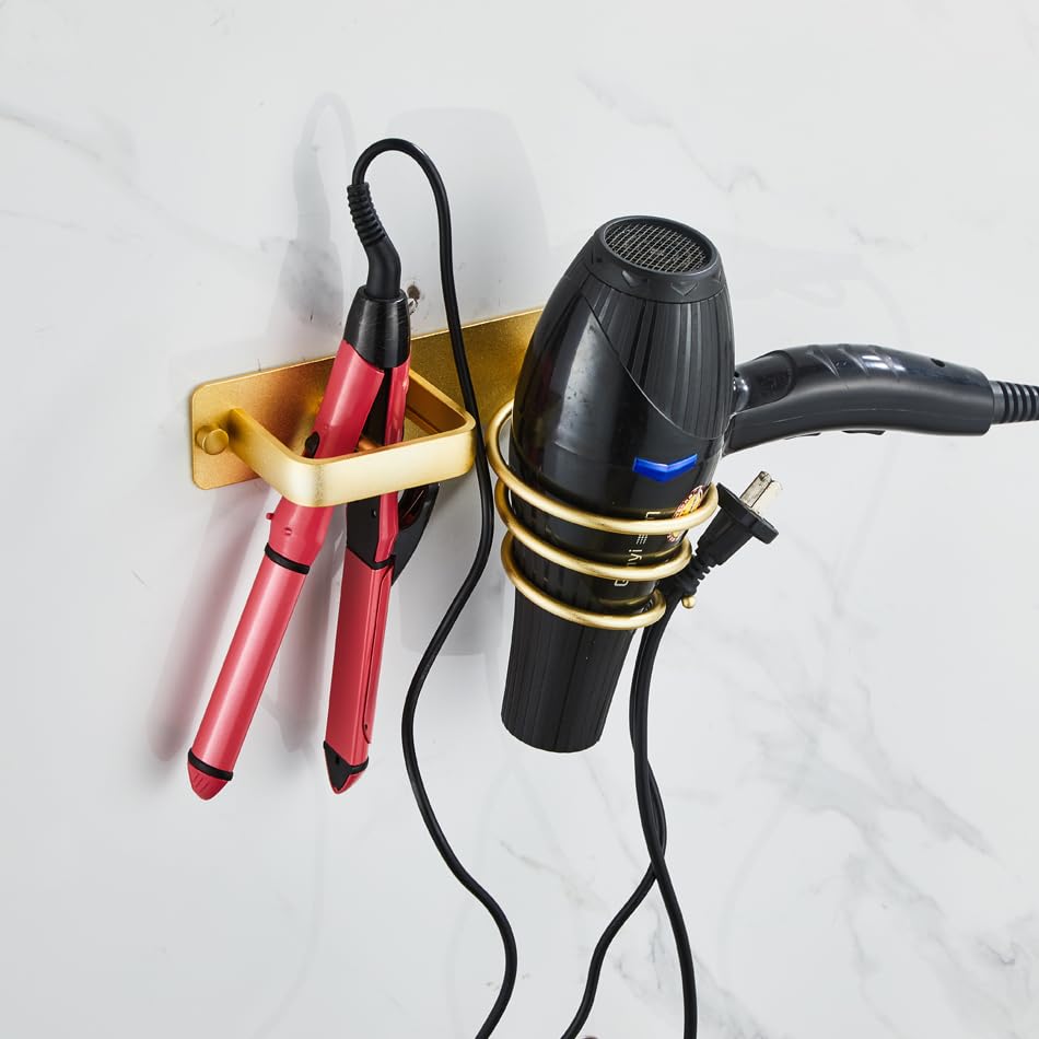 YUET Hair Dryer Holder Hairdryer Station Wall Mounted Shelf Bracket Straightener Stand Hanger Organizer Blow Storage w/Cable Tidy Rack for Dressing Table Bathroom Aluminum Professional, Gold Brass - color: Gold