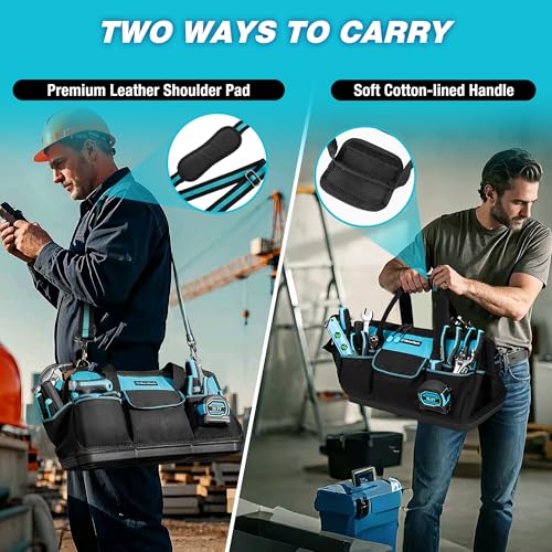 DURATECH 18-Inch Large Tool Bag with Waterproof Hard Bottom, Tool Bags for Men Heavy Duty with 19 Pockets, Wide Open Mouth Toolbag for Electricians Mechanic Plumber HVAC - size: 18 Inch