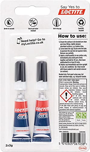 Loctite Universal, Strong All Purpose Super Glue for Repairs, Clear Glue Liquid for Various Materials, Easy to Use Instant Super Glue, 2 x 3g