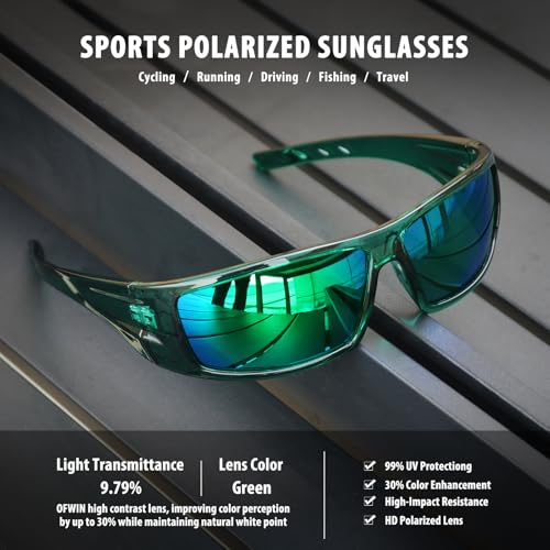 Polarized Sports Sunglasses for Men Women Unbreakable Frame Cycling Fishing Wrap Around Sunglasses UV400 Protection - color: 1-clear Green Frame/Green Mirror Lens