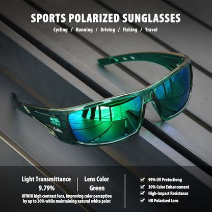 Polarized Sports Sunglasses for Men Women Unbreakable Frame Cycling Fishing Wrap Around Sunglasses UV400 Protection - color: 1-clear Green Frame/Green Mirror Lens