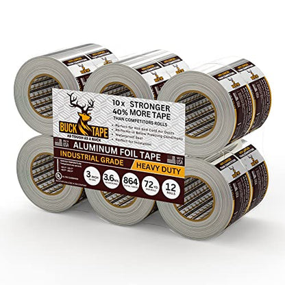 12 Pack Buck Aluminum Foil Tape – 3 Inch x 216ft (72 yd), 3.6 Mil – HVAC Tape for Ductwork, AC, Dryer Vents & Insulation – Silver Foil Tape for Metal Repair, Exhaust Sealing & Air Conditioning - size: 3 Inch, style: 12 Pack