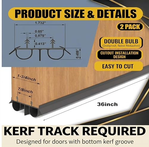 Exterior Door Sweep [2 Pack] – 36 Inch Kerf Weather Stripping with Dual Air Tube Seal & Vinyl Fins | Under Door Bottom Seal Strip for Exterior Doors with Kerf Track | Quiet & Tight Fit