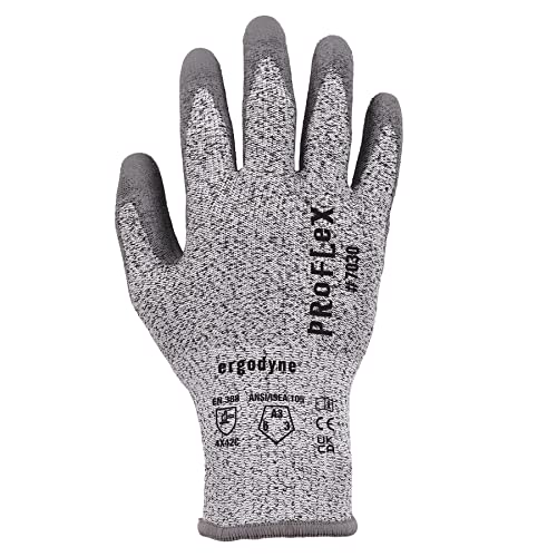 Ergodyne ProFlex 7030 Cut Resistant Work Gloves, ANSI A3, PU Coated Palms for Flexible No Slip Grip, Abrasion Resistant, 13g, Gray, Medium - size: Medium