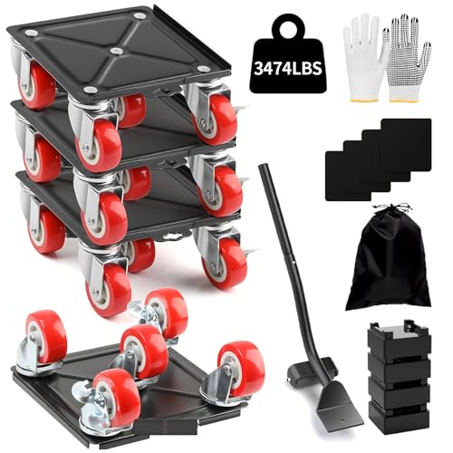 Upgrade 3474LBS Heavy Duty Furniture Dolly & Movers, 6.5" Carbon Steel Panel with 5 360° Rotatable Rubber Universal Wheels, Includes Non-Slip Sliders & Lifter Tool for Moving Pianos, Sofa, Appliances - color: Black(upgrade)