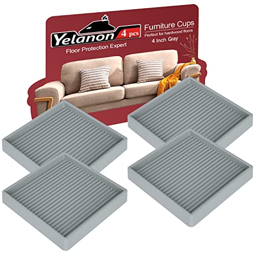 Yelanon Furniture Coasters 4 Pcs 4” Furniture Caster Cups - Non Slip Furniture Pads Hardwoods Floors - Non Skid Furniture Grippers Rubber Feet Anti Slide Floor Protector for Bed Couch Stoppers Gray - color: 4pcs4"square Gray