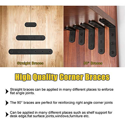 24 Sets Black Corner Braces L Brackets and Straight Braces Mending Plates Heavy Duty Assortment Kit with Screws Fasteners for Wood Shelf Chair Cabinet Furniture (20/50/100mm,40/100/160mm)