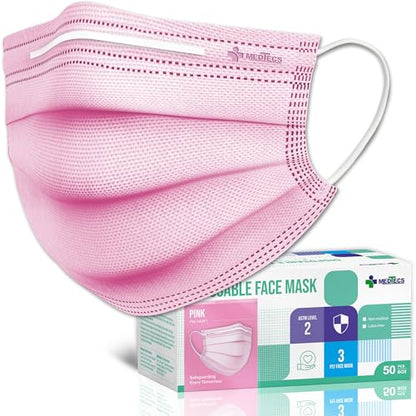 Medtecs Face Mask Disposable – Available in 50 & 2,000 pcs – ASTM Level 1, 3-Ply Breathable, Soft Fit – Adult Size – Ideal for Commuting & Daily Wear - color: 09. Pink, size: Adult - 50PC