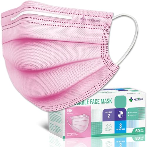 Medtecs Face Mask Disposable – Available in 50 & 2,000 pcs – ASTM Level 1, 3-Ply Breathable, Soft Fit – Adult Size – Ideal for Commuting & Daily Wear - color: 09. Pink, size: Adult - 50PC