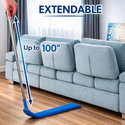 Retractable Gap Dust Cleaner with Extension Pole 30'' to 100'', Cleaning Tools with 3 Microfiber Dusting Cloths, Extendable Long Handle Duster for Cleaning Under Refrigerator Furniture Appliance Blue - color: Blue
