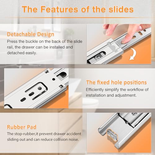 YENUO Stainless Steel Drawer Slides Full Extension 10 12 14 16 18 20 22 24 Inch Side Mount Ball Bearing Dresser Cabinet Kitchen Rails Track Guide Glides Runners Heavy Duty 100 Lbs (1 Pair, 14 Inch) - color: White-Stainless Steel, size: 14 Inch