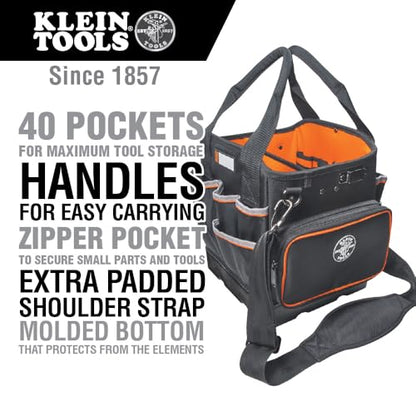 Klein Tools 5541610-14 Tool Bag with Shoulder Strap Has 40 Pockets for Tool Storage and Orange Interior - size: 10-inch Tote