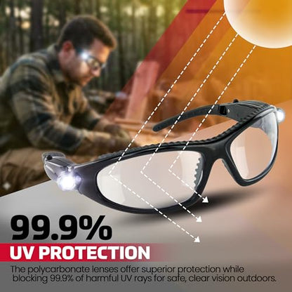 LED Inspector Safety Glasses | Protective Eyewear | Black Frame, Polycarbonate Clear Frames | Low to High Impact | Built-In LED Lights | 99.9% UV Protection | Woodworking, Construction, Mechanic