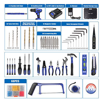 jar-owl 21V Tool Set with Drill, 350 in-lb Torque, 0-1350RMP Variable Speed, 10MM 3/8'' Keyless Chuck, 18+1 Clutch, 1.5Ah Li-Ion Battery & Charger for Home Tool Kit - style: 21V Brushed Motor Blue