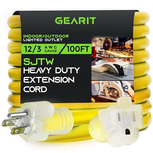 GEARit Outdoor 12 AWG Gauge 3 Prong Plug, Extension Cord, Ultra Heavy Duty SJEOW, 12/3, for Indoor/Outdoor, LED Lighted Plug, Resistant Rubber Jacket, Extreme Weather, 100 Feet, Yellow - size: 12 Awg Gauge, style: 100 Feet (SJTW Rated)