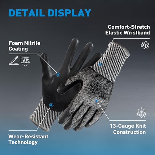 S SATC ANSI A5 Cut Resistant Work Gloves Foam Nitrile Coated 1 Pair Knife Proof Gloves for Cutting, Construction, Warehouse - size: Small