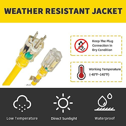 Extension Cord with Lighted End, UL Certified, 10 Gauge 1FT Yellow 3 Prong Heavy Duty, 10/3 SJTW 15A Power Cord for Lights, Lawn - size: 1FT, style: 10/3
