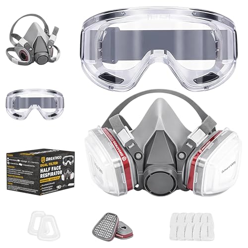 Half Face Respirator Mask 6200 with Anti Fog Safety Goggle – Reusable Dual Filter Safety Mask for Painting, Spray Painting, Woodworking, Sanding & Dust Protection