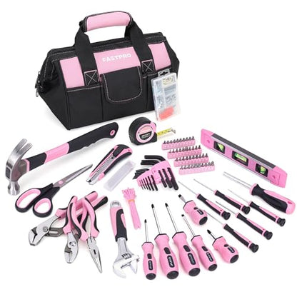 FASTPRO Pink Tool Set, 220-Piece Lady's Home Repairing Tool Kit with 12-Inch Wide Mouth Open Storage Tool Bag - color: Pink