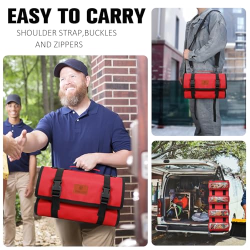 Canvas Tool Roll Up Bag, Multi-Purpose Wrench Organizer, Hvac Tool Bag with 4 Pockets (Red) - color: Red, size: 4 Zipper Pockets