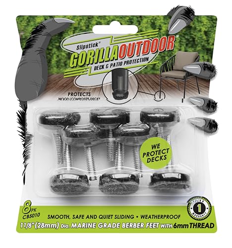 Slipstick Gorilla Outdoor Adjustable Furniture Levelers (8 Pack) Weatherproof Screw in Leg Glides for Chairs, Tables, and Outdoor Furniture Feet, 1-1/8 Inch Berber Glide, M6 Thread - color: Berber Glide, size: M6 Thread