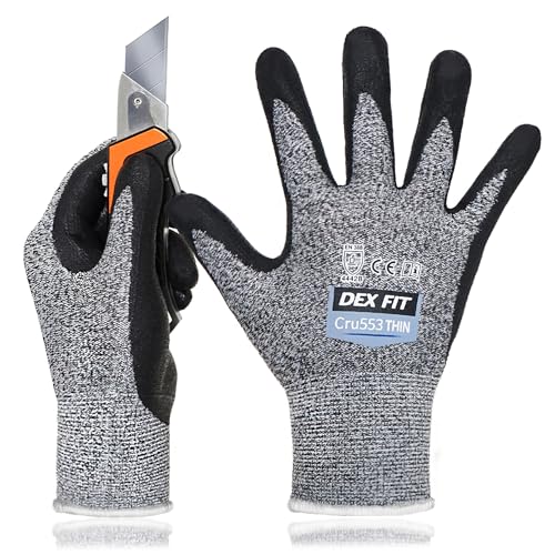 DEX FIT Level 5 Extreme Cut Resistant Gloves Cru553 Thin, Non-Slip Power Grip, Professional Grade 3D Comfort Fit, Thin & Lightweight, Breathable, Touchscreen Compatible, Itch-Free; Grey S (6) - color: Grey, size: Small(1 Pair)