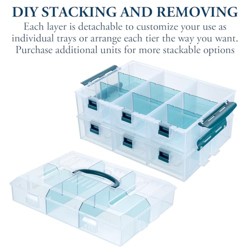MyGift 11 Inch Clear Arts and Crafts Stackable Container, Sewing Supplies Storage Organizer Case with Blue Accents, 24 Customizable Compartments, and 6 Drawers with Removable Dividers - color: Blue