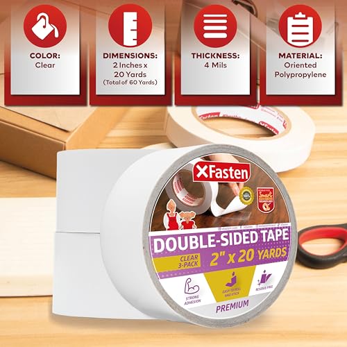 XFasten Removable Double Sided Tape Clear 2 inch x 20 Yards (Pack of 3, 180 Feet Total) Transparent Residue-Free Clear Double Sided Tape Heavy Duty for Crafts, Wall, Fabric, Dress, and Carpet - size: 2 Inch X 20 Yards (3-pack)