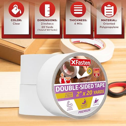XFasten Removable Double Sided Tape Clear 2 inch x 20 Yards (Pack of 3, 180 Feet Total) Transparent Residue-Free Clear Double Sided Tape Heavy Duty for Crafts, Wall, Fabric, Dress, and Carpet - size: 2 Inch X 20 Yards (3-pack)