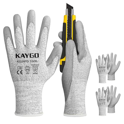 KAYGO Cut Resistant Gloves PU Coated 3 Pairs, ANSI Cut Level A3, Professional Safety Work Gloves for Industrial, Construction, Woodworking, Warehouse (X-Large,Grey) - color: Grey Ansi A3, size: X-Large