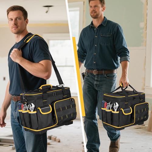 Marscamd 16-inch Tool Bag with Hard Bottom and a Detachable Divider, Heavy Duty Tool Tote with Multiple Pockets, Black