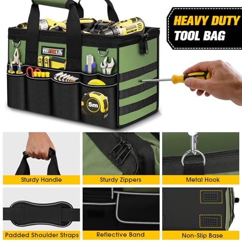 16-Inch Heavy Duty Tool Bag, 19-Pockets Tool Box Organizer, Portable Toolbag W/Soft Handle for Organized Storage, Mechanic Gifts for Men Dad Husband Fathers Day, Wide Mouth Electrician Toolbox, Green - style: Handle-Green