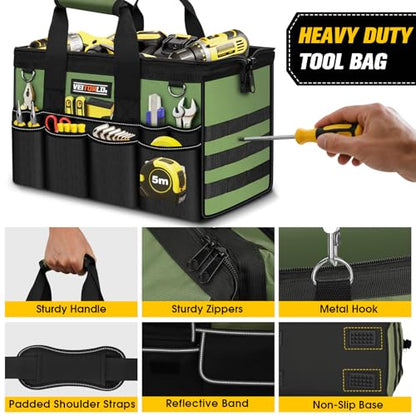 16-Inch Heavy Duty Tool Bag, 19-Pockets Tool Box Organizer, Portable Toolbag W/Soft Handle for Organized Storage, Mechanic Gifts for Men Dad Husband Fathers Day, Wide Mouth Electrician Toolbox, Green - style: Handle-Green