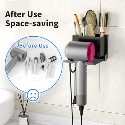 Hair Dryer Holder Wall Mounted, Hair Tools Organizer, Bathroom Space-Saving Blow Dryer Organizer Curling Irons Storage Hair Dryer Comb Attachments Black (Self-Adhesive and Drilling) - color: Black