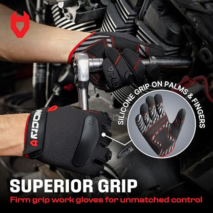 NoCry Heavy Duty Work Gloves for Men - Soft PVC Knuckle Protection - Reinforced Fingers & Thumb Crotches - Padded Palms - Double Stitched with Grip and Touchscreen Tips - size: Medium, style: Pro